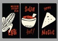 Traditional mexican street food. Set of hand drawn templates. Elote, nachos, salsa. Made in vector Royalty Free Stock Photo