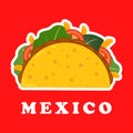 Traditional mexican taco. Spicy delicious tacos with beef or chicken, meat sauce, green salad and red tomato. Taco logo Royalty Free Stock Photo