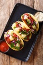 Traditional Mexican tacos al pastor with pork, pineapple, onions and herbs close-up on a plate. Vertical top view Royalty Free Stock Photo