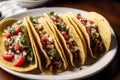 Traditional mexican tacos with beef, tomato, onion and salsa. Mexican nachos Generative AI