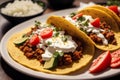 Traditional mexican tacos with beef, tomato, onion and salsa. Mexican nachos Generative AI