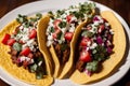 Traditional mexican tacos with beef, tomato, onion and salsa. Mexican nachos Generative AI