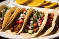 Traditional mexican tacos with beef, tomato, onion and salsa. Mexican nachos Generative AI