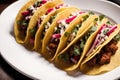 Traditional mexican tacos with beef, tomato, onion and salsa. Mexican nachos Generative AI