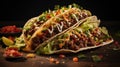 Traditional Mexican tacos with meat and vegetables on dark background Royalty Free Stock Photo