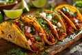 Traditional Mexican tacos with meat and vegetables on wooden desk Royalty Free Stock Photo