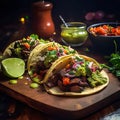 Traditional mexican tacos Mex Traditional mexican tacos with meat and vegetables on wooden table.ican Taco: with beef, vegetables