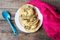 Mexican tacos of poblano rajas with potatoes and sour cream on wooden background Royalty Free Stock Photo