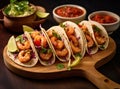 Traditional mexican tacos with shrimp, avocado, tomato and onion.