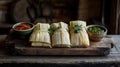 Traditional mexican tamales with salsa on rustic wood platter Royalty Free Stock Photo
