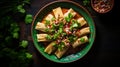 Traditional mexican tamales served on a plate, top view, presented on vintage wooden table Royalty Free Stock Photo