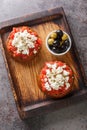 Traditional meze or a light meal on the island of Crete, dakos is often called Greek bruschetta closeup on the wooden board.