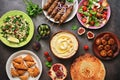 Traditional Middle Eastern or Arabic dinner table. Halal food. Top view, flat lay