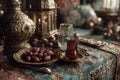 Traditional Middle Eastern Decor with Dates and Tea for Ramadan Celebration Design Generative AI Royalty Free Stock Photo