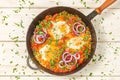 Traditional middle Eastern dish Shakshuka in a pan. The view from the top. Copy-space.