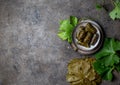 Traditional Middle Eastern dolma or tolma. Grape leaves stuffed with meat and rice. On Gray plate, gray concrete