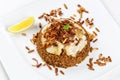 Traditional Middle Eastern fish and fried rice dish with fried pine nuts Royalty Free Stock Photo