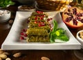 Traditional Middle Eastern food. Lebanese food. Arabian Stuffed Grape Leaves with Pomegranate seeds