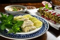 Traditional Middle Eastern food. Lebanese food. Arabian Stuffed Grape Leaves with Pomegranate seeds, Hummus, cabbage malfuf