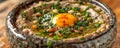 Traditional Middle Eastern Lentil Soup with Fresh Herbs and Egg Yolk in Rustic Bowl on Wooden Table