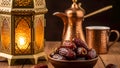 Traditional middle eastern ramadan setting with lantern dates and copperware Royalty Free Stock Photo