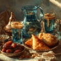 Traditional Middle Eastern table setting featuring a glass pitcher, sweet pastries, dates, and aromatic coffee in decorative Royalty Free Stock Photo
