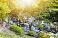 Traditional Miniature Japanese Waterfall in Okayama Korakuen Garden in Okayama City, Japan