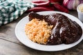 Traditional mole Poblano with rice in plate