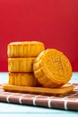 traditional moon cake vertical composition the Chinese on the mooncake means five kernels Royalty Free Stock Photo