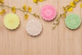 Traditional mooncakes on table setting. Snowy skin mooncakes. Ch