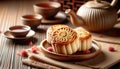 Traditional Mooncakes and Tea Set for Mid-Autumn Festival, AI Generated