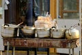 Traditional morning street food in China, using coal fire for heating soup. Royalty Free Stock Photo