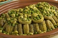 Moroccan meal with Cardoon, stuffed artichoke hearts with green peas and broad beans