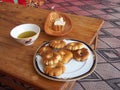 Traditional Moroccan food - salty biscuits, homemade bread and olive oil Royalty Free Stock Photo