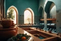 Traditional Moroccan hammam , with mosaic tiles, decorative arches, and spa accessories, promoting relaxation and wellness.