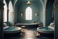 Traditional Moroccan hammam , with mosaic tiles, decorative arches, and spa accessories, promoting relaxation and wellness.