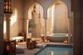 Traditional Moroccan hammam , with mosaic tiles, decorative arches, and spa accessories, promoting relaxation and wellness.