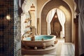 Traditional Moroccan hammam , with mosaic tiles, decorative arches, and spa accessories, promoting relaxation and wellness.