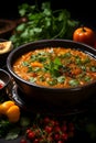 Traditional Moroccan harira soup made from tomatoes, lentils, chickpeas, and a blend of spices