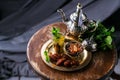 Traditional moroccan mint tea with copper teapot, dates and sugar Royalty Free Stock Photo