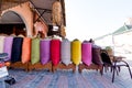 Traditional Moroccan oriental spices and dried herbs in colorful bags for sale in medina souk.