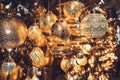 Traditional moroccan souvenir lamps on local market souk in Marrakesh medina