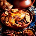 Traditional moroccan tajine of chicken with dried fruits and spices, selective focus Royalty Free Stock Photo