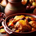 Traditional moroccan tajine of chicken with dried fruits and spices, selective focus Royalty Free Stock Photo