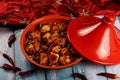 Traditional moroccan tajine of chicken with dried fruits and spices Royalty Free Stock Photo