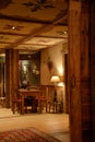 Traditional mountain restaurant interior design. Wooden furniture