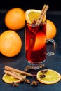 traditional mulled wine with cinnamon sticks and orange