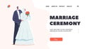 Traditional Muslim Couple Wedding Ceremony Landing Page Template. Groom in Suit and Bride in White Dress with Hijab