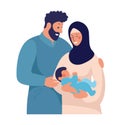 Traditional muslim family with newborn baby. Happy arab man hugs child and wife in hijab. Flat cartoon illustration