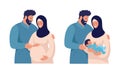 Traditional muslim family, pregnancy and child birth in arab couple. A pregnant woman in a hijab and a national costume